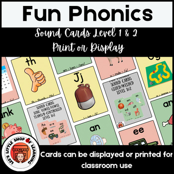 Preview of FUN Phonics Sound Cards, Level 1 & 2, Print or Display