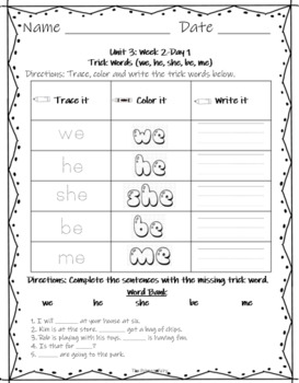 Preview of Phonics Level 1 Unit 3 Week 2 Day 1-Trick Words (we, he, she, be, me)