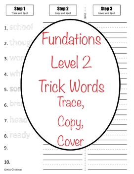 Preview of Fundations Level 2 Trick Words trace,copy,cover (Spelling, Handwriting, Wilson)