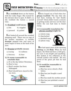 Fun(ish) Multiple Choice Text Evidence Worksheet With Nonsense Words