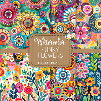 Preview of Funky Flowers Set 8 - Watercolor Spring Floral Pattern Papers