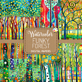 Funky Forest - Watercolor Woodland Scenic Digital Paper Clipart