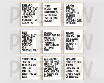 Preview of Funny Classroom Study Posters | High School Middle School Bulletin Board Set