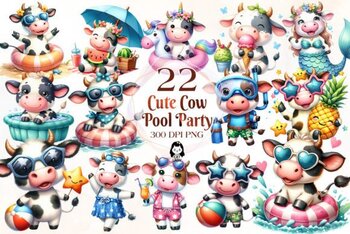 Preview of Funny Cow in Pool Party Clipart Bundle