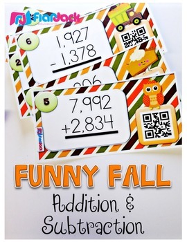Preview of Fall Multi-Digit Addition & Subtraction Task Cards with QR Codes