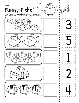 Funny Fishs number 1-5 Cut and Paste Match to 5 Printables Worksheets