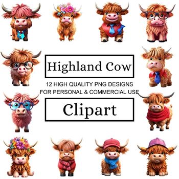 Preview of Funny Highland Cow Clipart - Quirky Farm Animals Graphics