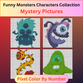 Preview of Funny Monsters Characters Collection - Pixel Color By Number / Mystery Pictures