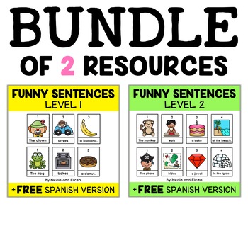 Preview of Funny Sentence Building Centers Bundle + FREE Spanish