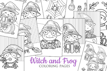 Preview of Funny Witch Girl and Frog Halloween Coloring Pages for Kids and Adult Cartoon