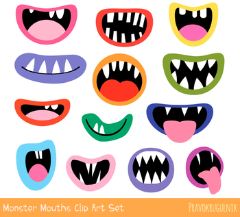 Funny monster mouths clipart, Silly ugly Halloween alien face elements teeth