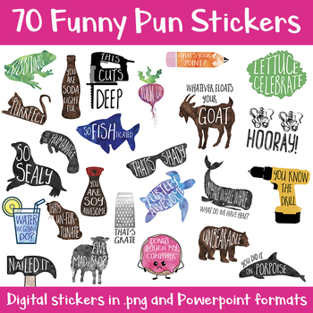 Preview of Funny pun school digital sticker bundle, png and powerpoint formats, 70 stickers