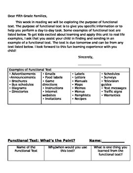 Preview of Funtional Text Graphic Organizer and Parent Letter