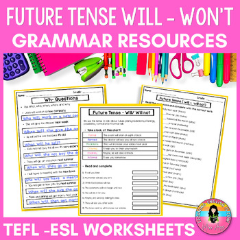Preview of Future Tense Worksheets  ESL Grammar Activities