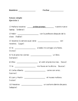 Futuro simple verbos en -ar, -er, -ir (simple future Spanish) worksheets