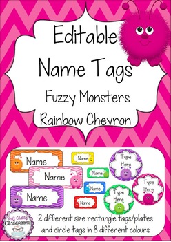 Preview of Fuzzy Monsters Editable Name Tags / Desk Plates - Rainbow Chevron