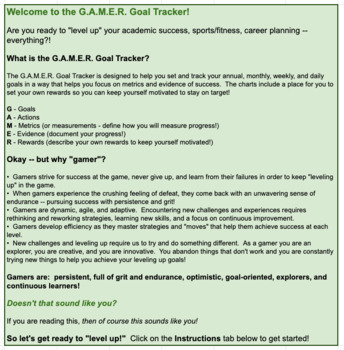 Preview of G.A.M.E.R. Goal Tracker for Students - Distance or Online Learning