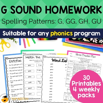 Preview of G Sound Phonics Homework: Spelling Patterns G, GG, GH, GU - Reading Intervention