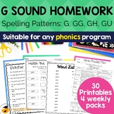 G Sound Phonics Homework: Spelling Patterns G, GG, GH, GU 