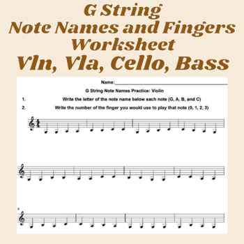 Preview of G String Note Name and Fingers Worksheets (Violin, Viola, Cello, Bass)