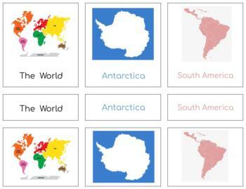 Preview of G013 (GOOGLE): CONTINENTS (Montessori colors) 3 part cards (3pgs)