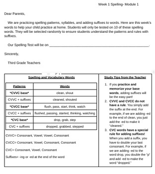 Preview of G3 Module 1: Spelling Words Letter for Parents (Bookworms Supplement)