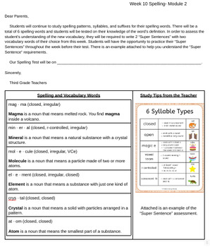 Preview of G3 Module 2: Spelling Words Letters for Parents (Bookworms Supplement)