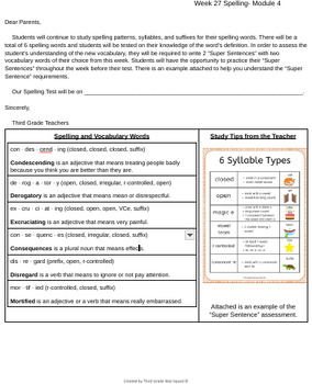 Preview of G3 Module 4: Spelling Words Letter for Parents (Bookworms Supplement)