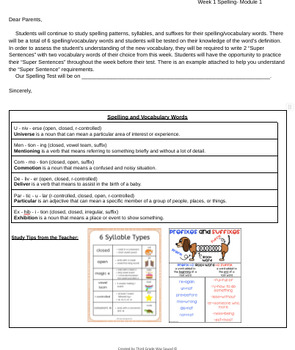 Preview of G4 Module 1: Spelling Words Letters for Parents (Bookworms Supplement)