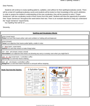 Preview of G5 Module 1: Spelling Words Letters for Parents (Bookworms Supplement)