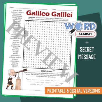 Preview of GALILEO GALILEI Word Search Puzzle Activity Vocabulary Worksheet Secret Code