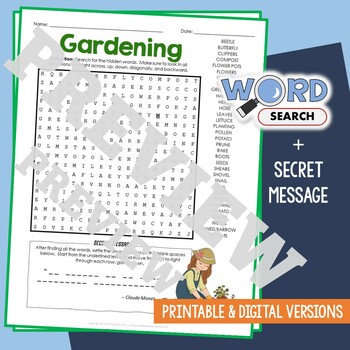 Preview of GARDEN Word Search Puzzle Activity Vocabulary Worksheet With Secret Message