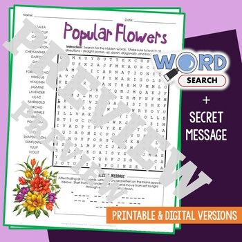 Preview of POPULAR FLOWERS Word Search Puzzle Activity Vocabulary Worksheet Secret Message