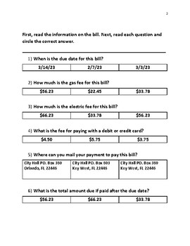 GAS AND ELECTRIC BILL COMPREHENSION WITH QUESTIONAIRE by Miss Tara Teaches