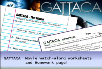 Preview of GATTACA - The Movie   Classroom watch-along lesson and homework sheets