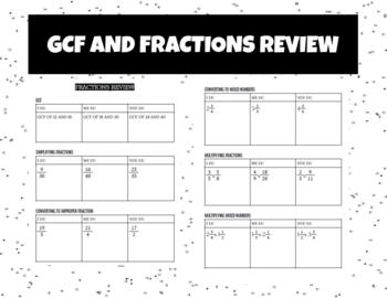 Preview of GCF AND FRACTION REVIEW. Find GCF. Simplify, convert, and multiply fractions