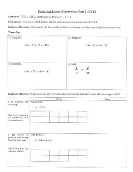 Preview of GCF (Factoring Linear Expressions) - 7.EE.1; Mathematical Practices 1, 2, 3, 4