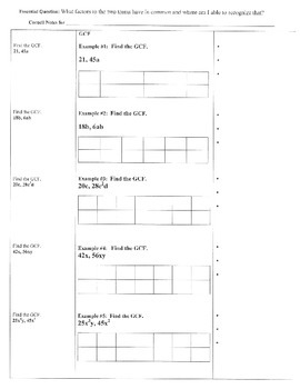 Preview of GCF (Factoring Linear Expressions) Cornell Notes-7.EE.1; Math. Pract. 1, 2, 3, 4