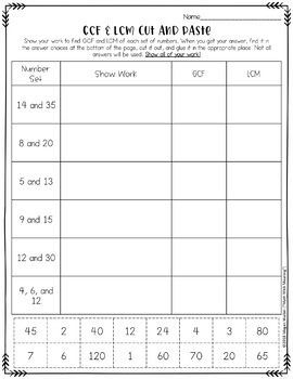 Gcf Lcm Cut And Paste Worksheet Ccss 6 Ns B 4 By Math With Meaning
