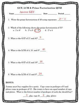 gcf lcm prime factorization worksheet quiz with answer key tpt