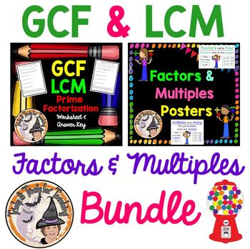 Preview of GCF LCM Word Problems Worksheet with KEY Factors Multiples Posters BUNDLE
