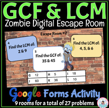 Preview of GCF & LCM Zombie Digital Math Escape Room - Google