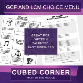 Preview of GCF and LCM Choice / Extension Menu Board with RUBRIC