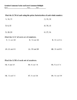 gcf and lcm quizassessment answer sheet included tpt