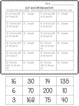 gcf and lcm solve and sort worksheet by mathmacgyver tpt