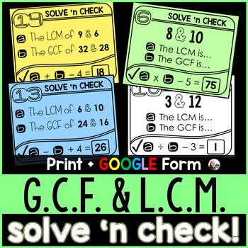 Preview of GCF and LCM Solve 'n Check! Math Tasks - print and digital