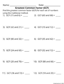 GCF and LCM Using the Traditional Method and Prime Factorization Worksheets