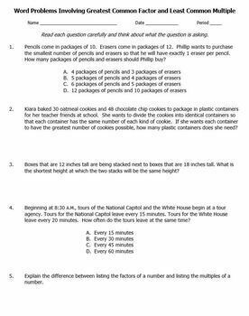 GCF and LCM Word Problems Greatest Least Common Multiple Factor Worksheet