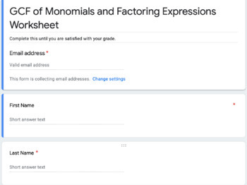 Preview of GCF of Monomials and Factoring Expressions Worksheet {Distance Learning]