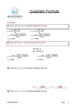Preview of GCSE Quadratic Formula (Mark Scheme)
